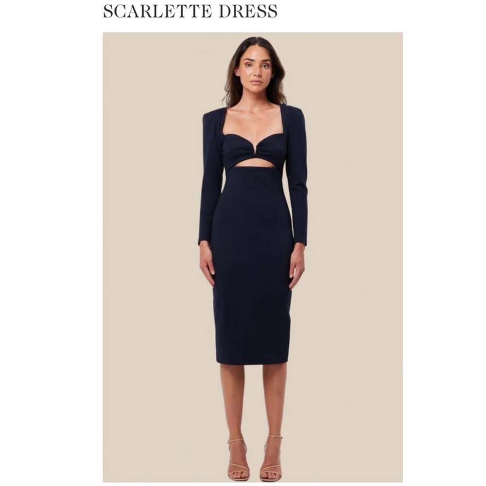 Elliat Navy Scarlett Cocktail Midi Dress Sweetheart Neck Long Sleeve Sz XL